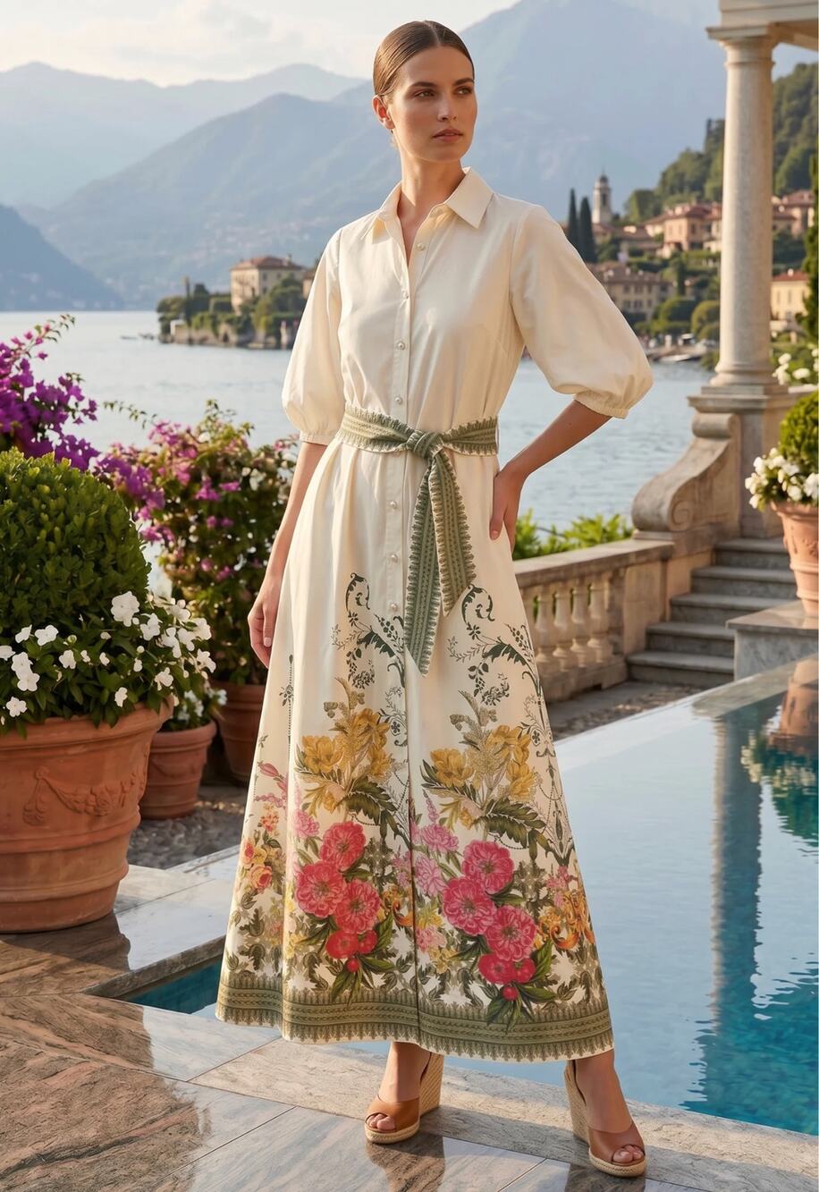 Trish Scully Angelica Cream Floral Print Puff Sleeve Belted Cotton Shirt Dress M